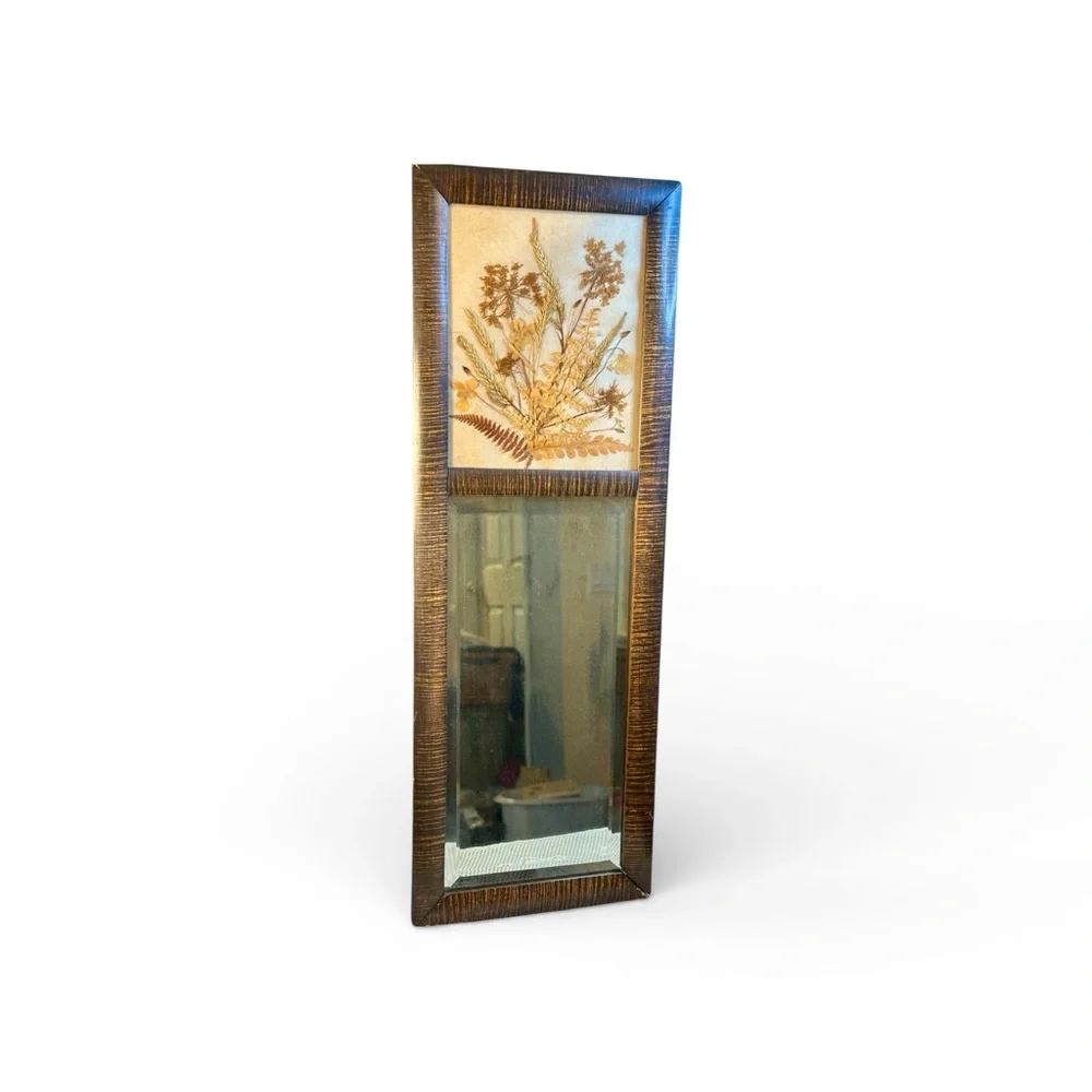 Rare Vintage Dried Pressed Botanical Floral 70s Boho Farmhouse Beveled Mirror